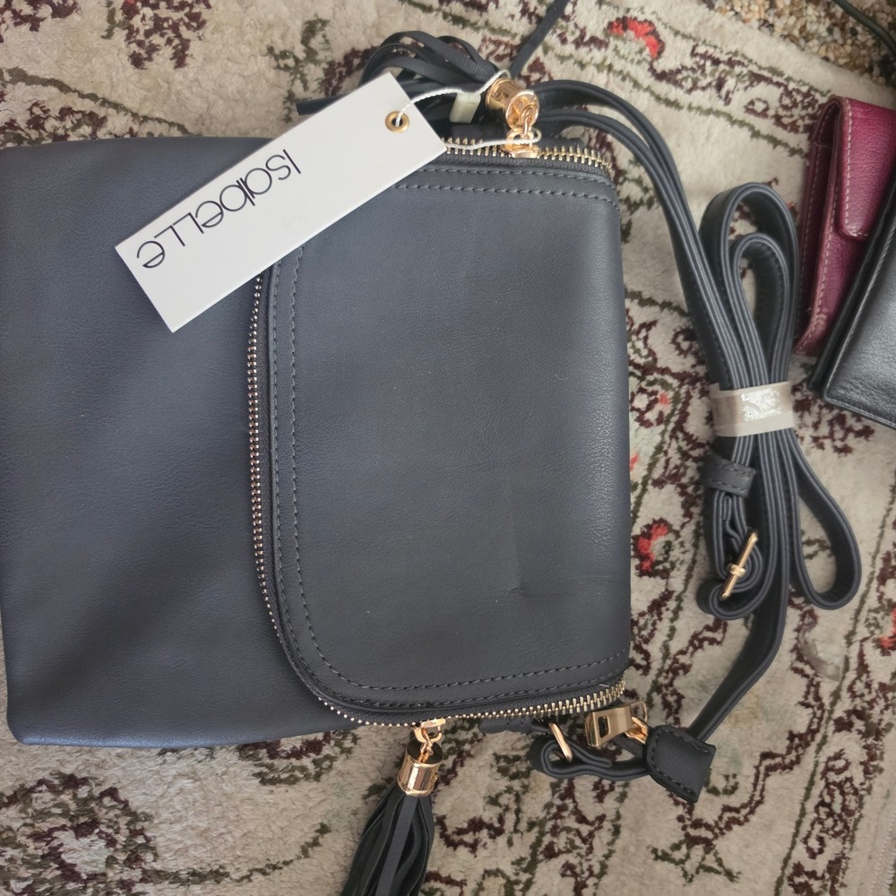Isabelle Women Dark Gray Faux Leather Tassel Crossbody Bag Gold Tone Hardware
